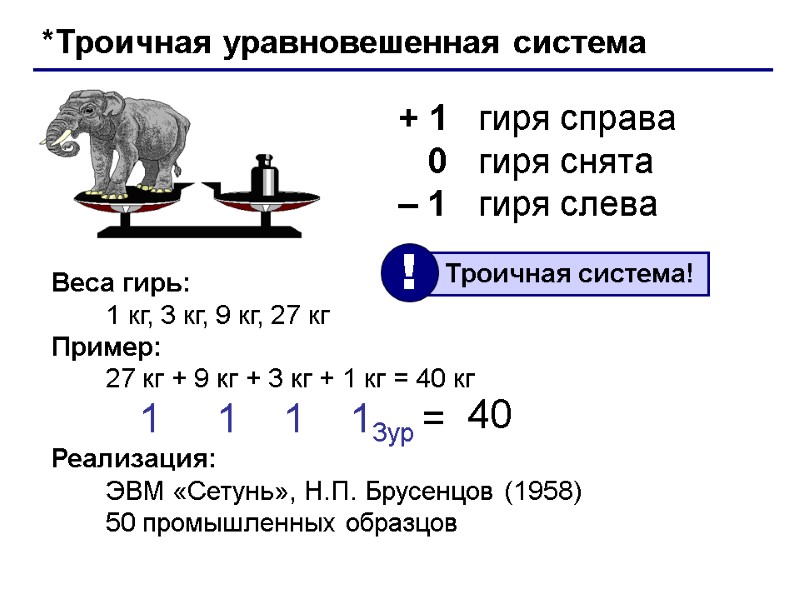 *Троичная уравновешенная система + 1 гиря справа    0 гиря снята –